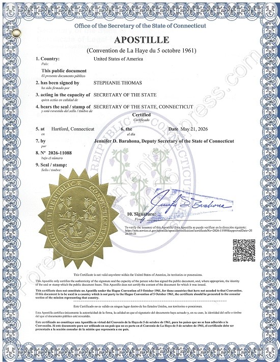 Connecticut Hague apostille Connectictu apostille